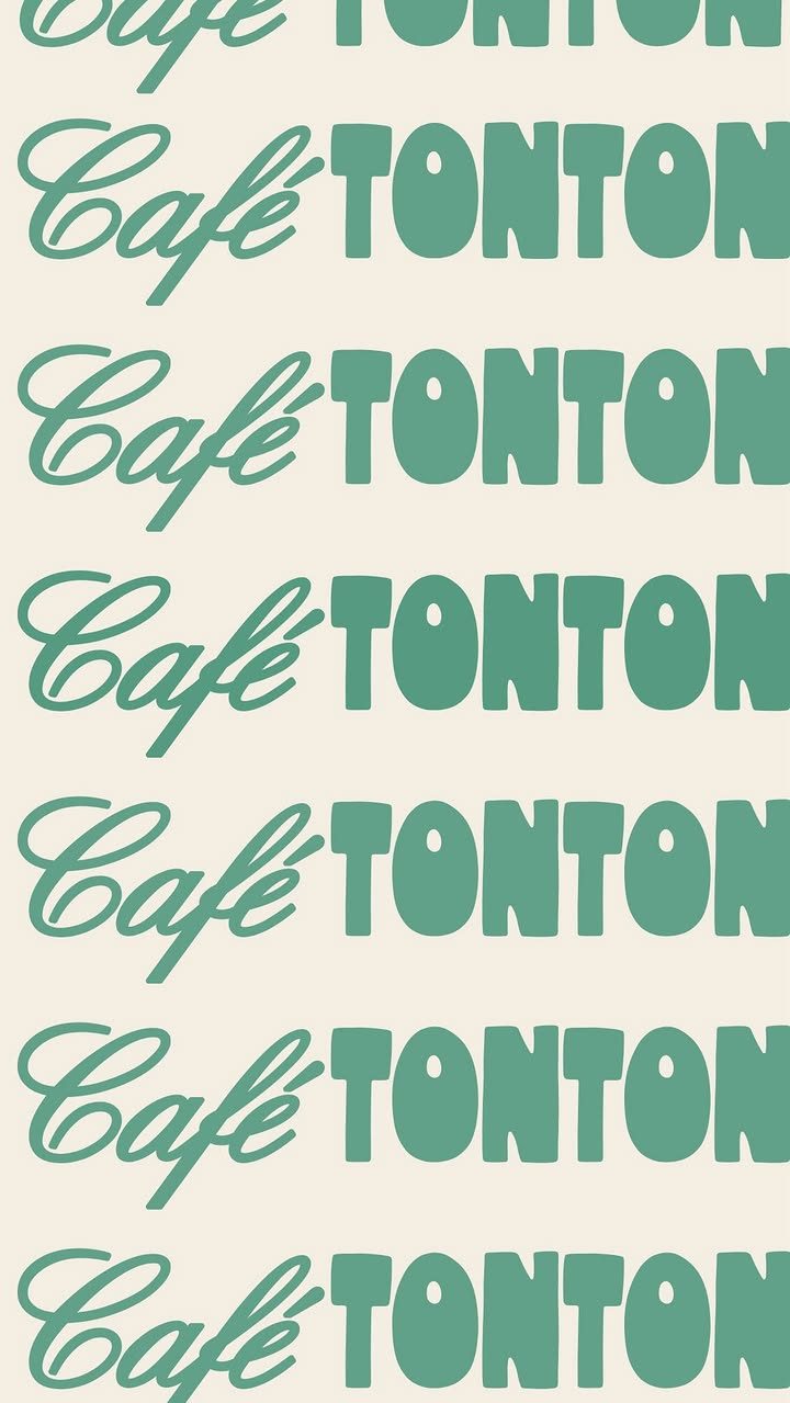 The green Café TONTON wordmark printed over and over on a cream poster